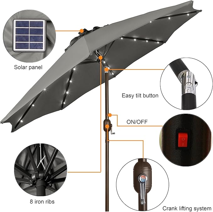 Blissun 9 ft Solar Umbrella, 32 LED Lighted Patio Umbrella, Table Market - Image 2