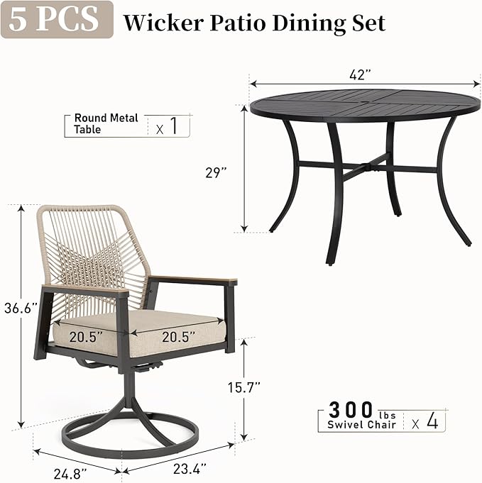 Patio Dining Set 5 Piece, 4 x Woven Rattan Swivel Chairs - Image 4