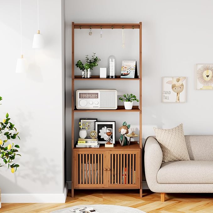 Bookcase with Drawers, 4-Tier Bamboo Bookshelf Ladder Shelf with 6 Hooks - Image 9