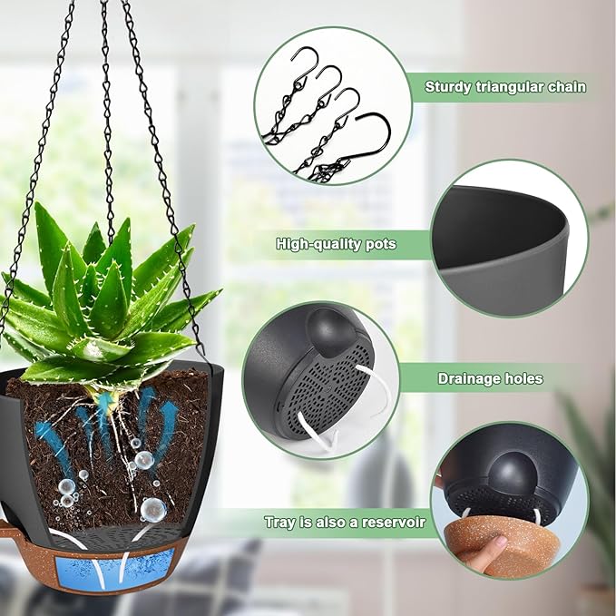 3 Pack Hanging Planter Indoor Outdoor Flower Pots 7/6.5/5 Inch, Self-Watering - Image 2