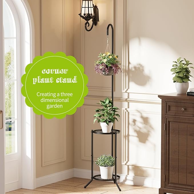 Plant Stand with Hooks Indoor Outdoor Corner Tall Plant Stand Heavy-Duty Metal - Image 4