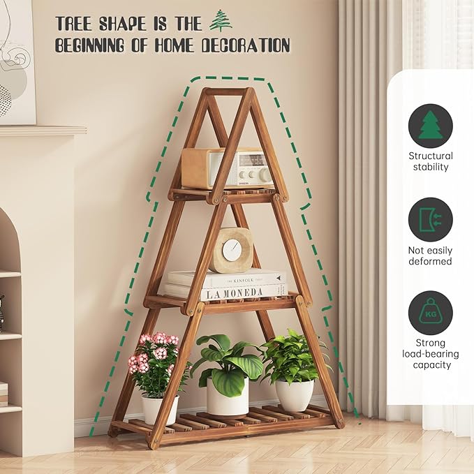 Wooden Plant Stand Indoor Outdoor, Christmas Tree Plant Shelf Indoor, 3 Tier - Image 2