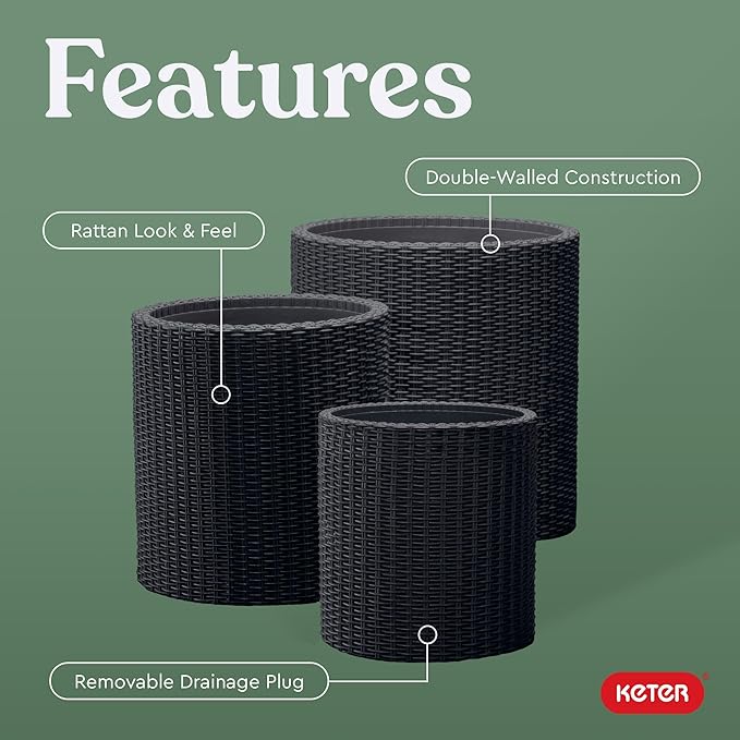 Keter Cylinder Set of 3 Rattan Resin Planter - Image 3