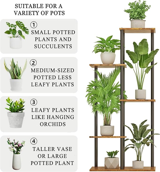 Plant Stand Indoor 5 Tier 6 Potted Metal Wood Plant Shelf, Rustic Brown - Image 6