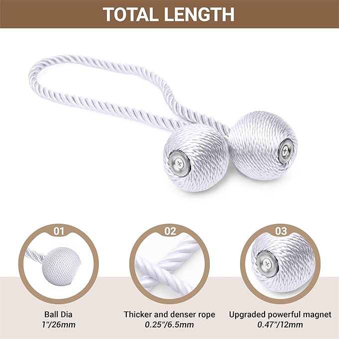Hion Magnetic Curtain Tiebacks White 2pcs, Curtain Tiebacks Buckles Holdbacks - Image 2