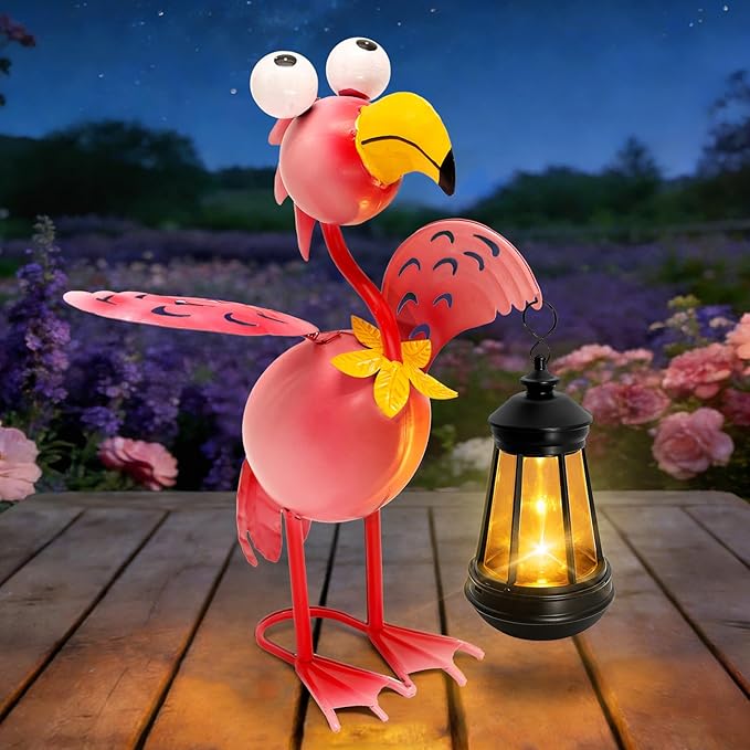 Solar Flamingo Statue with Lights, 13in Tall Solar Flamingo Garden Sculptures - Image 2