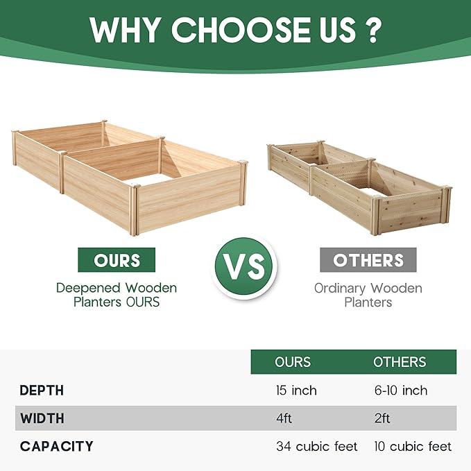 AMERLIFE 8x4 Ft Wood Raised Garden Bed, Durable 15 Inch Depth Planter Box - Image 3