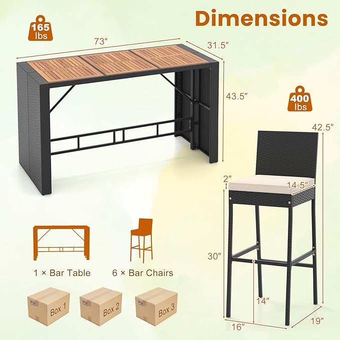 COSTWAY 7 PCS Patio Rattan Wicker Bar Set, Footrest and Cushion, Outdoor Table - Image 2