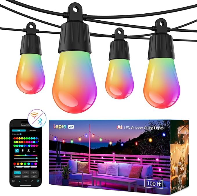 Lepro ZB1 AI Smart Outdoor String Lights APP Control, 100 ft RGB+IC+Warm White by Lepro