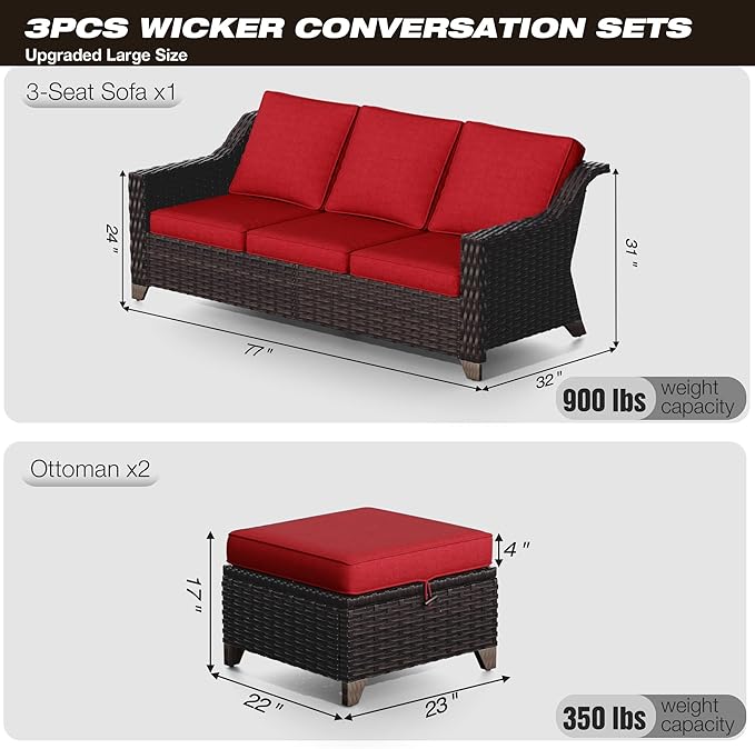 Joyside Patio Furniture Set, 3 Pieces Outdoor Wicker High Back Sofa - Image 2