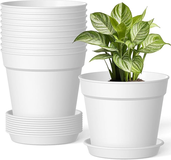 10 Pack 6 Inch Plant Pots with Drainage and Saucers, Stackable Nursery Planters by SwinDuck