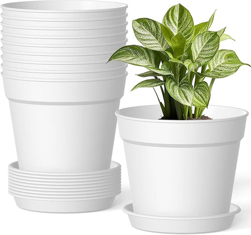 10 Pack 6 Inch Plant Pots with Drainage and Saucers, Stackable Nursery Planters by SwinDuck