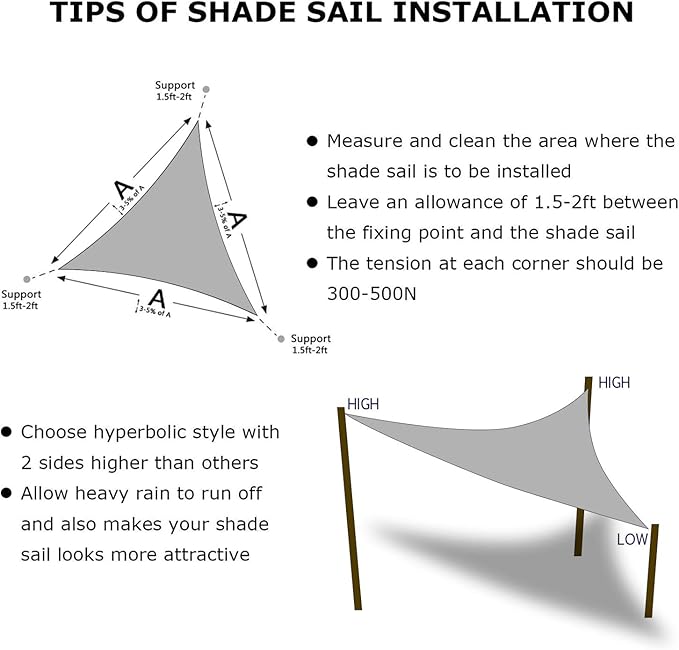 KANAGAWA Sun Shade Sail 12'x12'x17' Gray Triangle UV Block Canopy Awning - Image 6