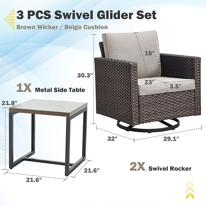 Belord Outdoor Bistro Set 3 Piece Wicker Swivel Rocker Patio Chairs, Oversize - Image 2