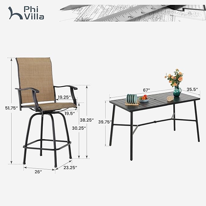 PHI VILLA 7 Piece High Patio Bar Dining Set, Bar Height Outdoor Table and - Image 9