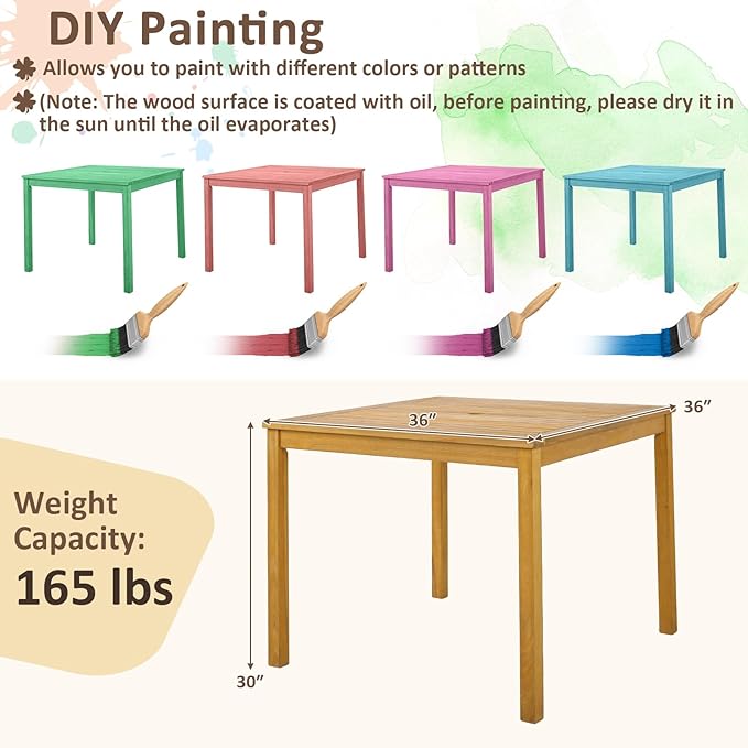 Tangkula 36" Square Outdoor Dining Table, Acacia Wood 4-Person Patio Dining - Image 3