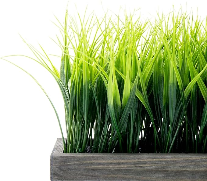 MyGift 14 Inch Artificial Green Grass Plant in Vintage Gray Wood Planter Window - Image 6