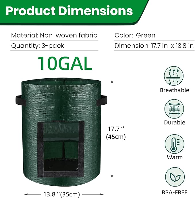 10 Gallon 3-Pack Potato Grow Bags, Heavy Duty PE Fabric Pots - Image 3