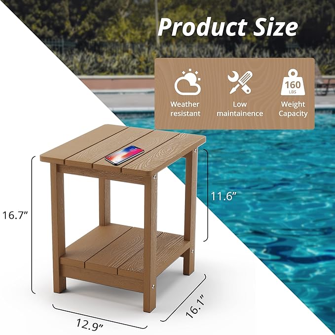 LUE BONA Adirondack Outdoor Side Table, 2-Tier Brown HDPS Patio End Table - Image 2
