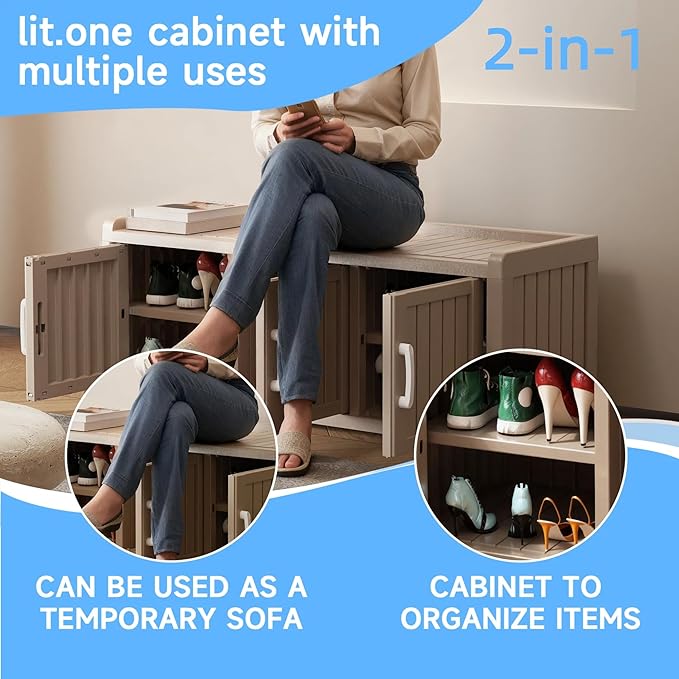 3 Doors Shoe Bench, Waterproof & UV-Resistant, Resin Shoe Cabinet Indoor & - Image 7