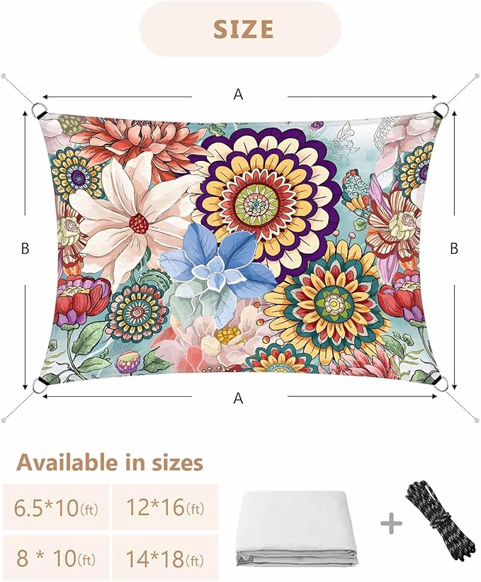 Sun Shade Sail 8'x10' Boho Floral Rectangle Sun Shade Sails Canopy Waterproof - Image 7