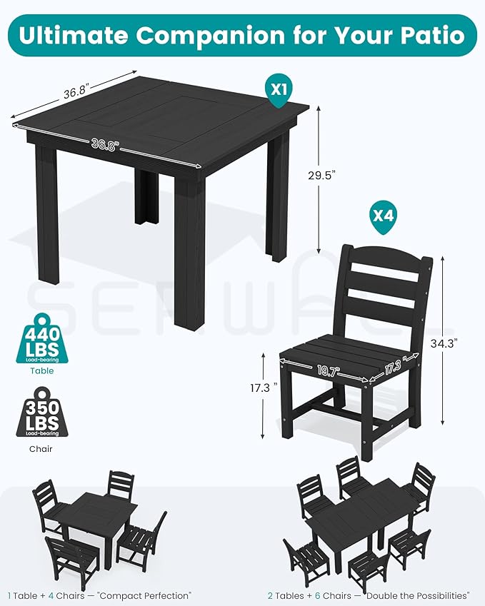 SERWALL Outdoor Dining Set for 4, HDPE Square Table and Chairs Set All Weather - Image 2