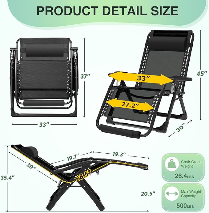 Suteck Oversized Zero Gravity Chair, 33In XXL Lounge Chair w/Removable - Image 3