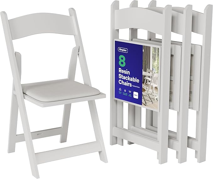 SIMPLEX 8 White Folding Chairs – Resin Stackable Foldable Chairs by Simplex