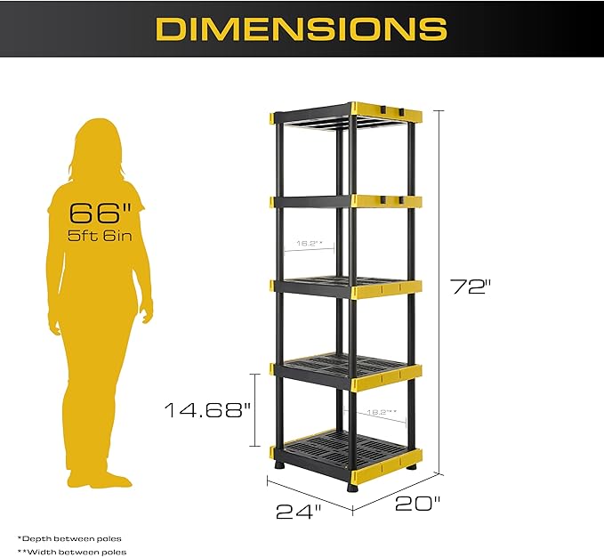 BLACK & YELLOW 5-Tier Heavy Duty Plastic Storage Shelving Unit, 5 Shelves - Image 3