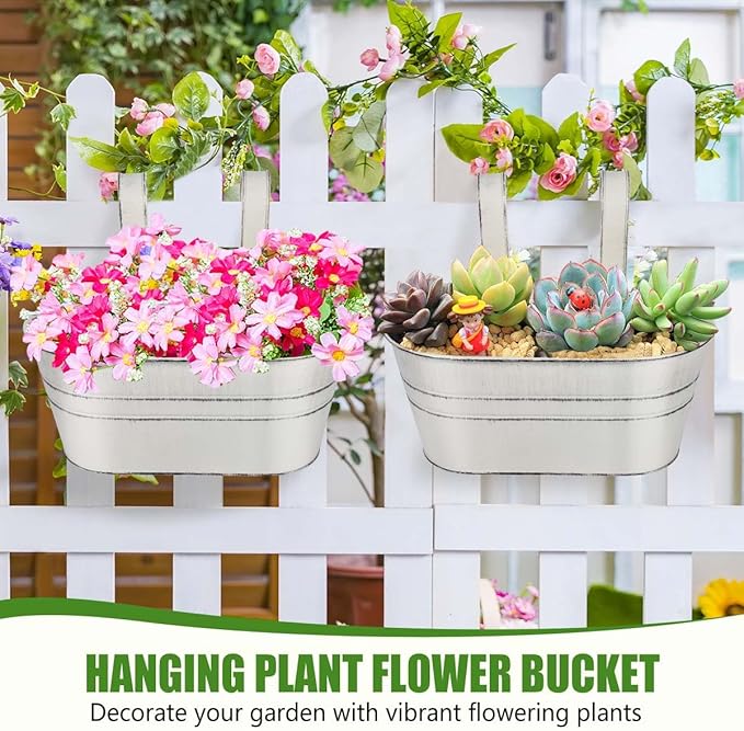 OBTANIM 4 Pack Metal Hanging Flower Pots Iron Railing Planter Outdoor Fence - Image 4