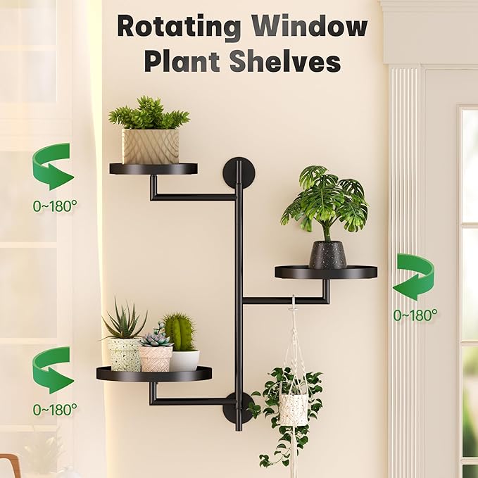 Window Rotating Plant Stand Shelf Indoor Black Metal Floating Shelves 3-Tier - Image 6