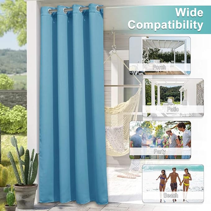 NICETOWN Outdoor Curtains for Patio Waterproof Set of 2, W52 x L84, Teal Blue - Image 6