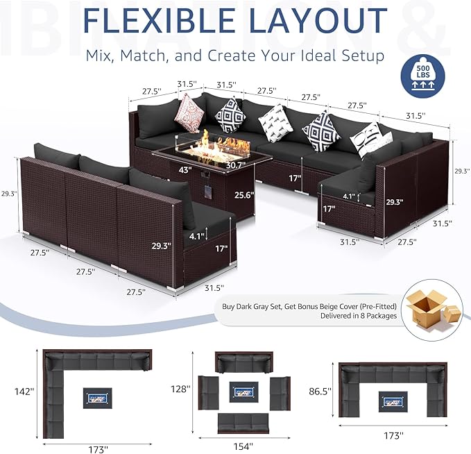 NICESOUL 11 Pcs Modern Outdoor Patio Sectional Furniture Set - Image 4