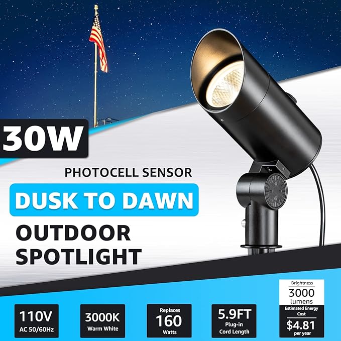 SUNVIE 30W Spot Lights Outdoor 120V Dusk to Dawn Outdoor LED Spotlight Plug in - Image 2
