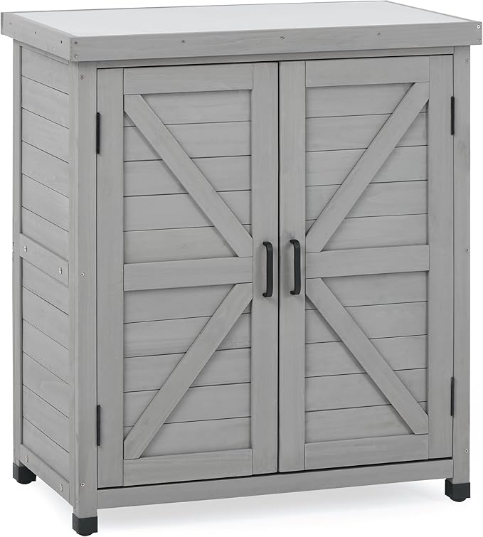Outdoor Potting Bench with Storage Cabinet and Metal Top, Wood Workstation by Wood-Natrl
