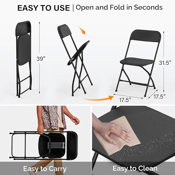 VINGLI 6 Pack Black Plastic Folding Chair, Indoor Outdoor Portable Stackable - Image 3