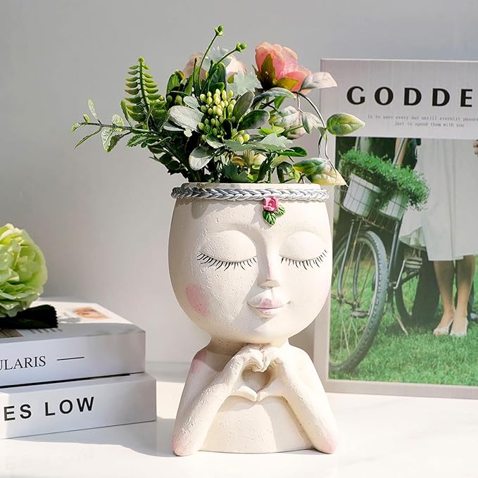 Face Planter Pot with Heart Hands, Resin Head Planter - Image 2