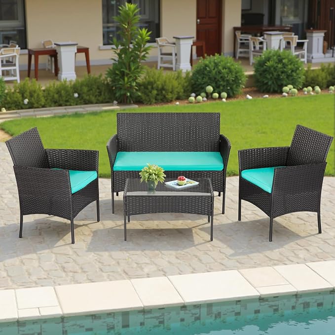 FDW | 4-Piece Patio Furniture Set | Blue | Outdoor Wicker Furniture - Image 7