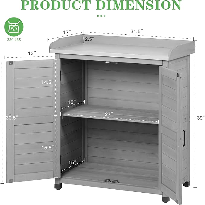 Outdoor Potting Bench with Storage Cabinet and Metal Top, Wood Workstation - Image 5
