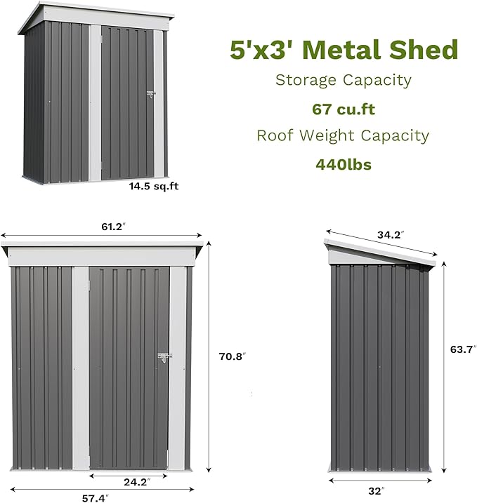 Patiowell 5x3 FT Outdoor Storage Shed, Garden Tool Shed - Image 3