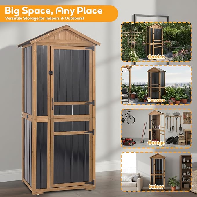Outdoor Storage Cabinet, Wood & Metal Garden Shed - Image 8