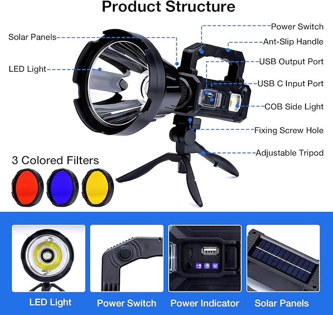 Solar Rechargeable Spotlight, 000L High Lumens Led Spot Lights Outdoor Handheld - Image 6