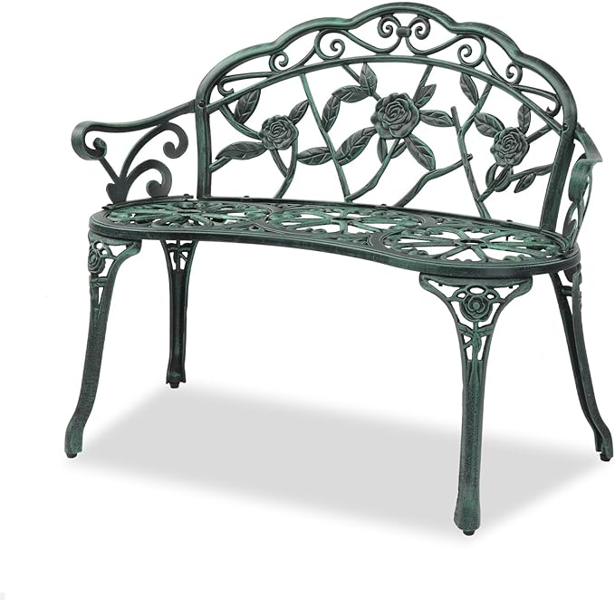 VINGLI 38.5" Patio Park Garden Outdoor Metal Rose Bench, 2-Person Cast Iron by VINGLI