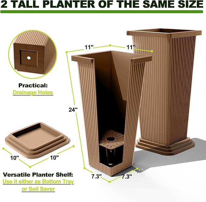 FENCY Set of 2 Tall Planters for Outdoor Plants, 24 Inch Large Tapered Pots - Image 2