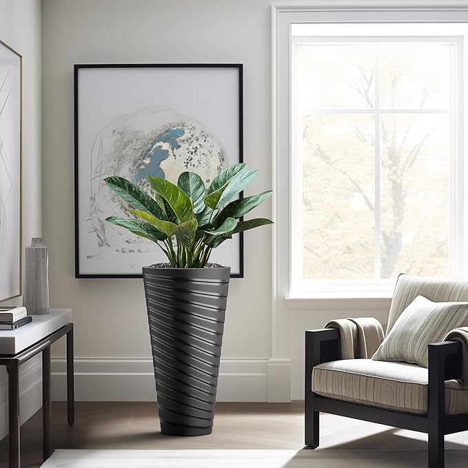 Kante 29 Inch Tall Planter Set of 2, Round Spiral Textured Flower Pots - Image 6