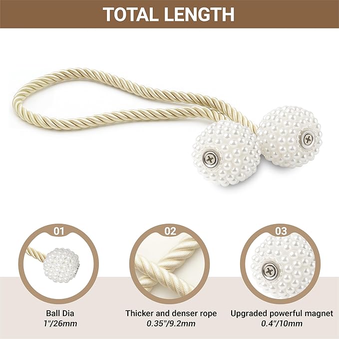 Hion Magnetic Curtain Tiebacks Beige 2pcs, Curtain Tiebacks Buckles Holdbacks - Image 2
