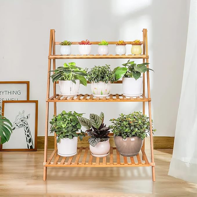 Ufine Bamboo Ladder Plant Stand 3 Tier Foldable Flower Pot Display Shelf Rack - Image 3