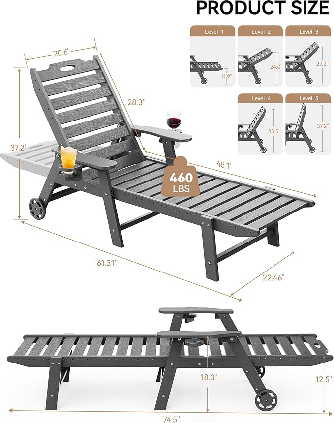 Carauci Lounge Chair Outdoor Set of 2, HDPE Chaise Lounge - Image 3