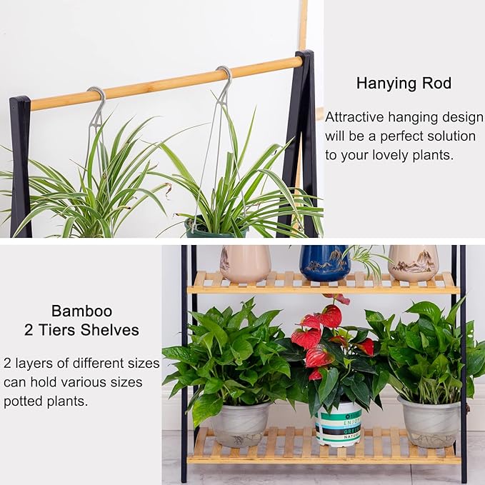 COPREE Bamboo 2-tier Hanging Plant Stand Planter Shelves Flower Pot Organizer - Image 5