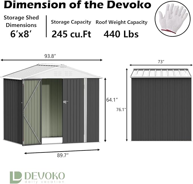 Devoko Outdoor Storage Shed 8 x 6 FT Lockable Metal Garden Shed Steel - Image 6